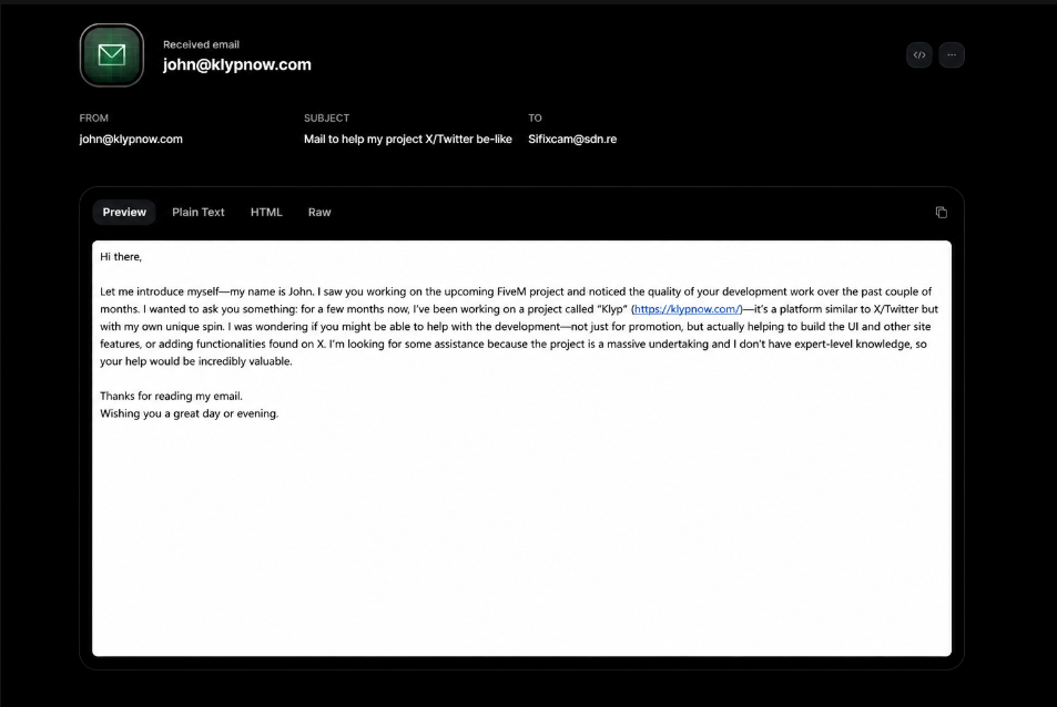 John email to Sifixcam